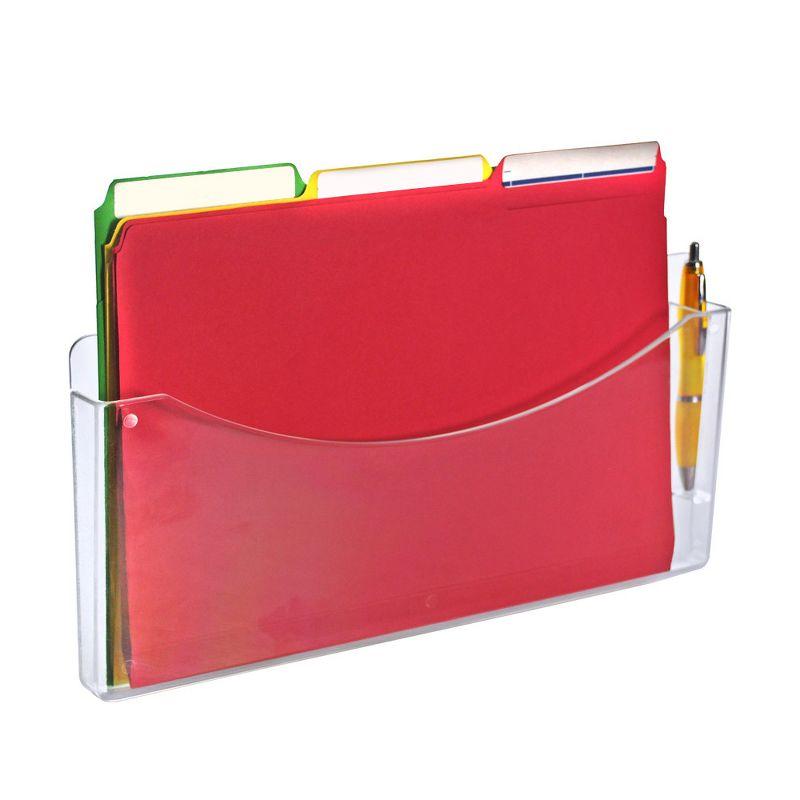 Clear Plastic Wall Mount File Holder with Pen Pocket, 2-Pack