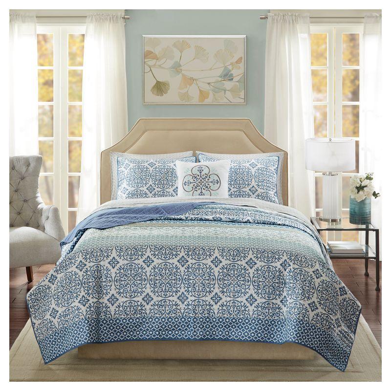 King-Size Reversible Blue Cotton Coverlet and Sheet Set