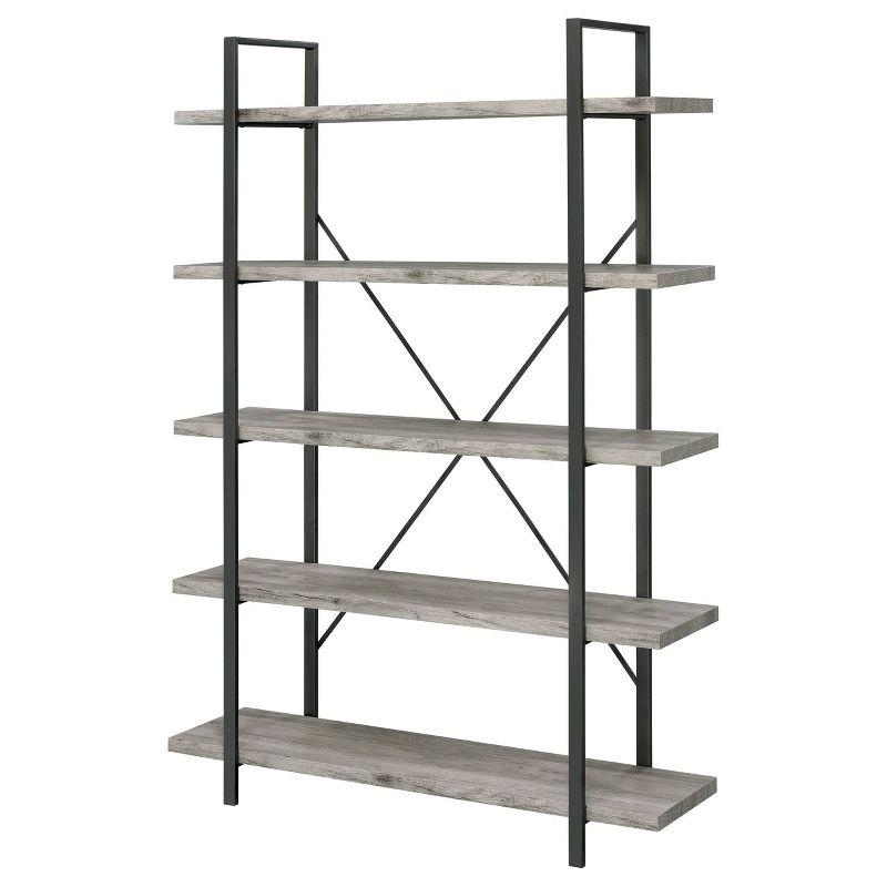 70" Gray Driftwood and Gunmetal 5-Shelf Bookcase