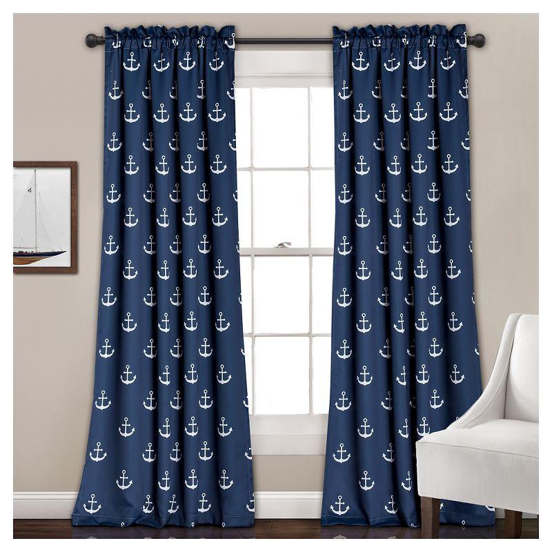 Navy Anchor Print Blackout Polyester Window Curtains