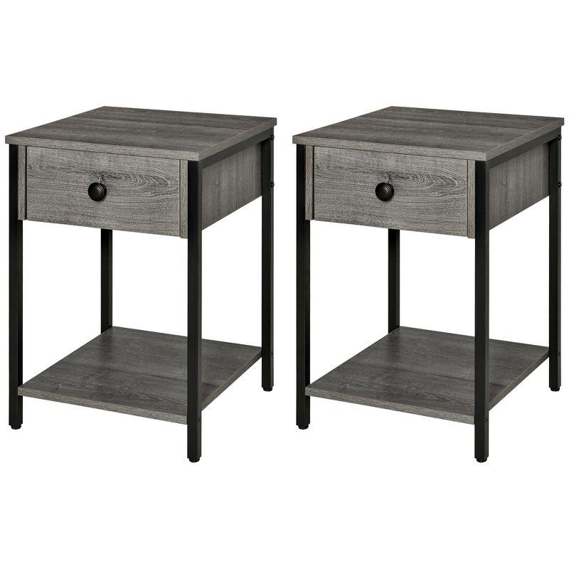 HOMCOM Industrial End Table with Storage Shelf, Accent Side Table with Drawer for Living Room, or Bedroom, Set of 2, Gray