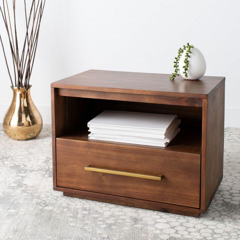 Transitional Acacia Wood Nightstand with Slim Metal Pull - Brown