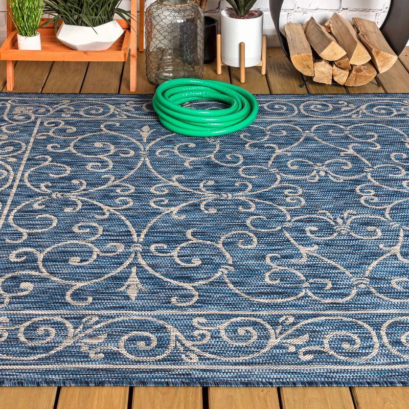 9' X 12' Charleston Vintage Filigree Textured Weave Indoor/Outdoor Area Rug, Navy/Gray - JONATHAN Y