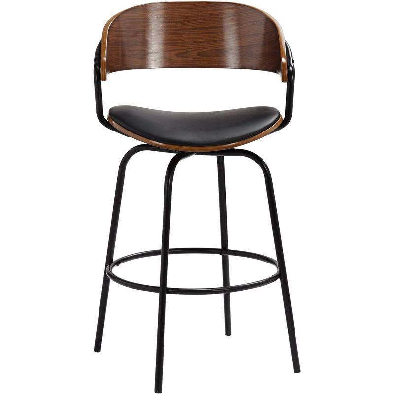 Elm Lane Larsen Black Swivel Bar Stool 26" High Mid Century Modern Faux Leather Cushion with Walnut Backrest Footrest for Kitchen Counter Height Home