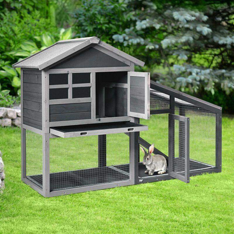 Tangkula Rabbit Hutch Indoor Outdoor Wooden Chicken Coop Bunny Hutch with Run Ventilation Door Removable Tray Ramp Sunlight Panel