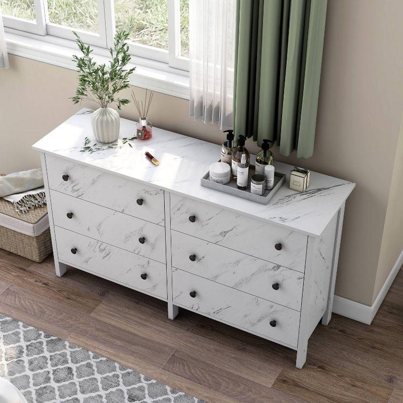 Fichte Transitional 6 Drawer Faux Marble Dresser White Marble - miBasics: Bedroom Storage, Elegant Design