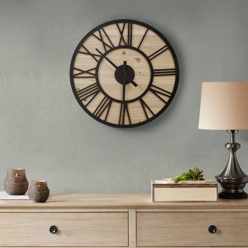 23.6" Mason Wood Wall Clock Natural/Black - Madison Park: Farmhouse Style, Roman Numerals, Indoor Decor