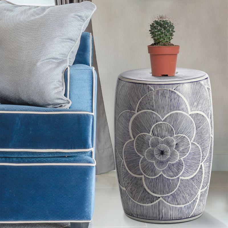 JONATHAN Y Camellia 17" Ceramic Drum Garden Stool, Blue