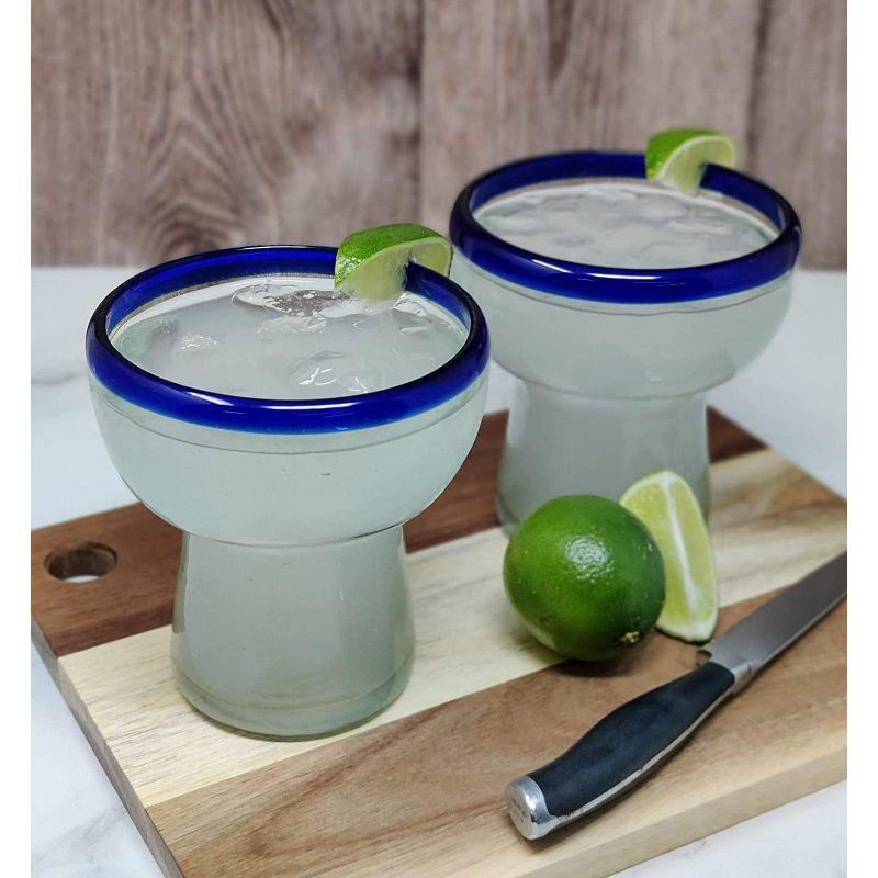 Longshore Tides Mexican Hand Blown Glass - Hand Blown Stemless Blue Rim Margarita Glasses (14oz) (Set of 4)