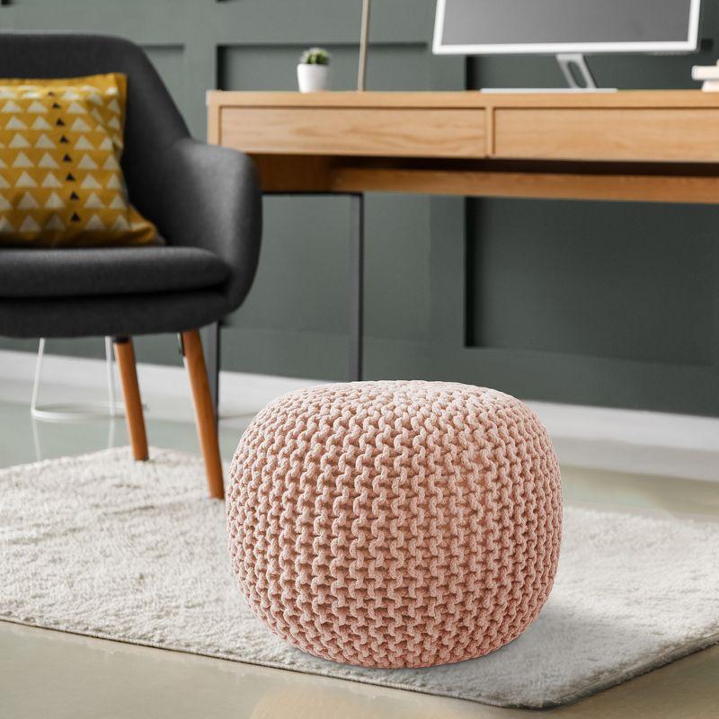 Light Pink Cotton Knit Round Pouf Ottoman