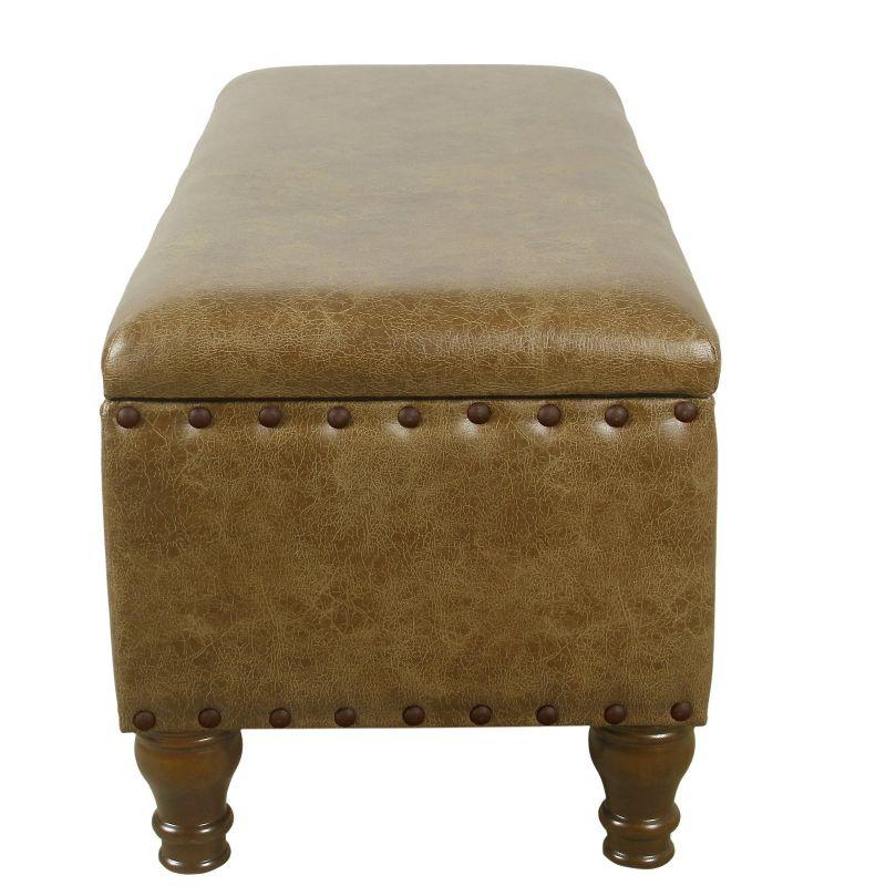 Distressed Brown Faux Leather Classic Storage Bench with Nailhead Trim