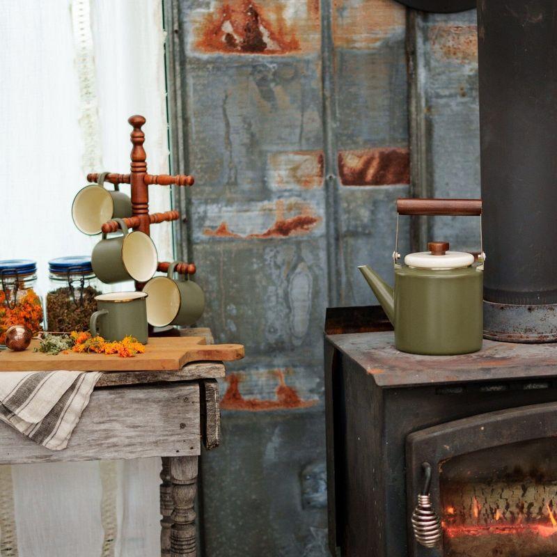 Olive Drab Enamel Kettle with Walnut Handle and Steel Lid