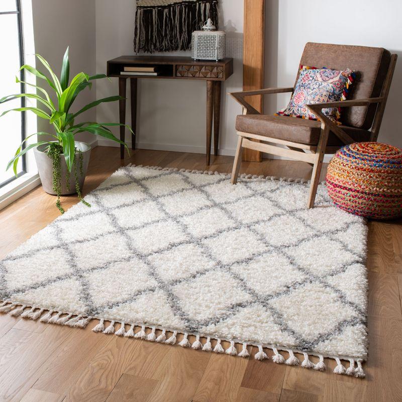 Ivory and Light Grey Diamond Shag Area Rug with Tassels