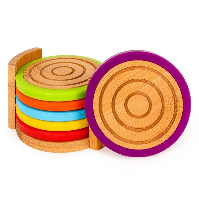 Eco-Friendly Bamboo and Colorful Silicone 6-Piece Coaster Set