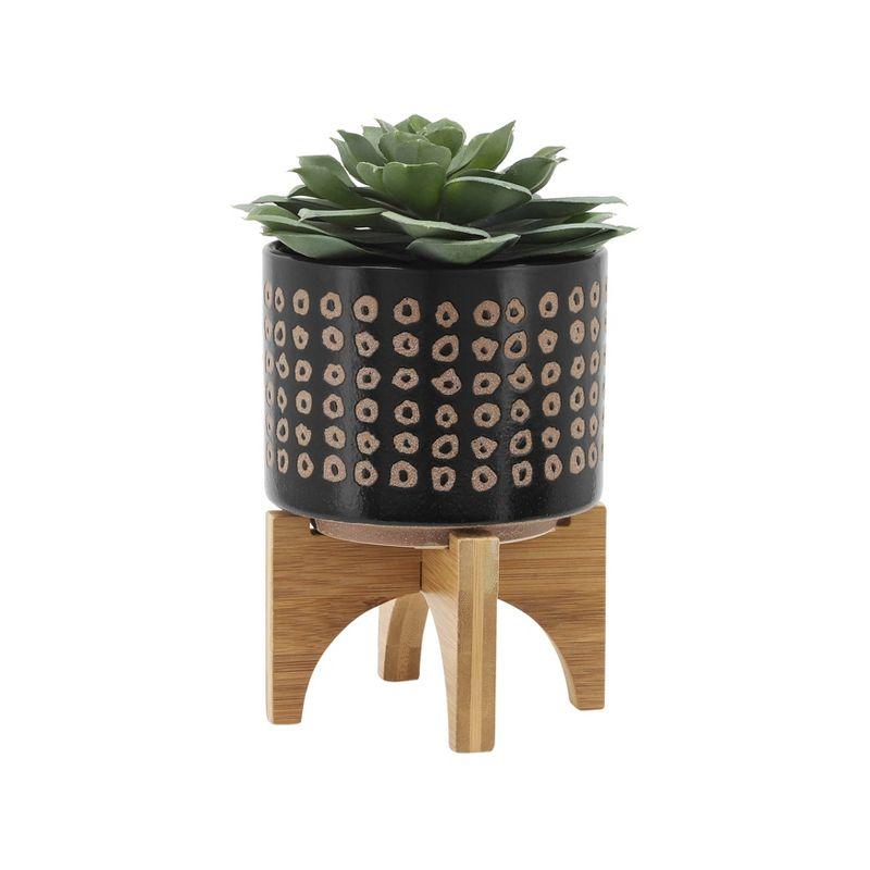 Modern Ceramic and Bamboo Planter Set, 8" x 11", in Rich Brown