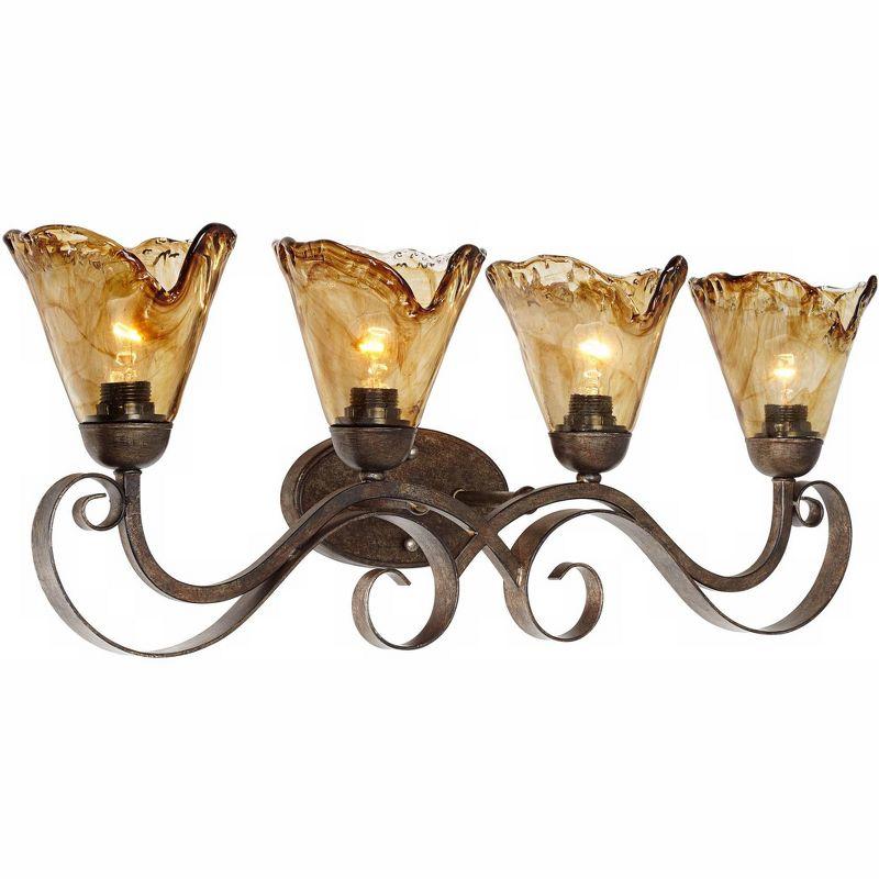 Franklin Iron Works Amber Scroll Rustic Wall Light Golden Bronze 29 1/2" Art Glass Fixture for Bedroom Bathroom Vanity Reading Living Room Hallway