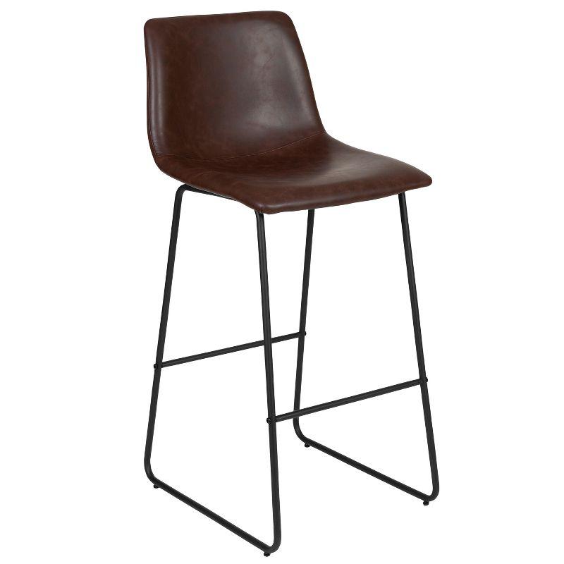 Dark Brown Leather and Metal Bar Height Stools, Set of 2