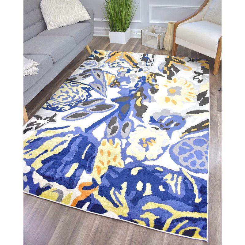 8' x 10' Black and Blue Floral Synthetic Area Rug