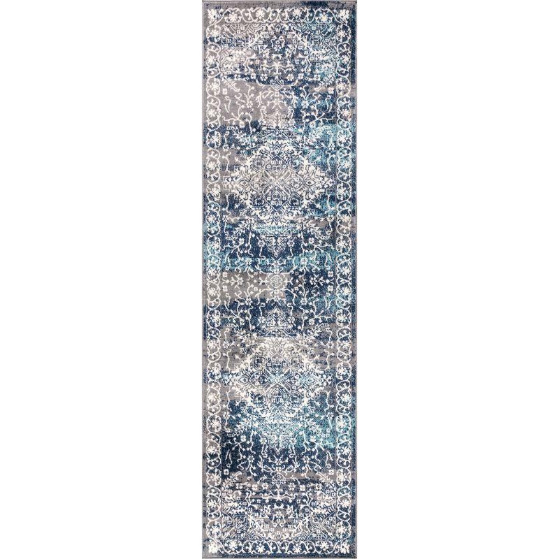 Navy and Light Grey Medallion Synthetic Runner Rug