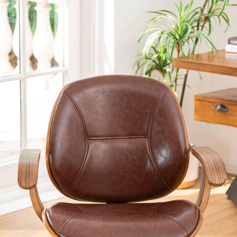 Russet Leatherette Mid-Century Swivel Office Chair with Bamboo Armrest