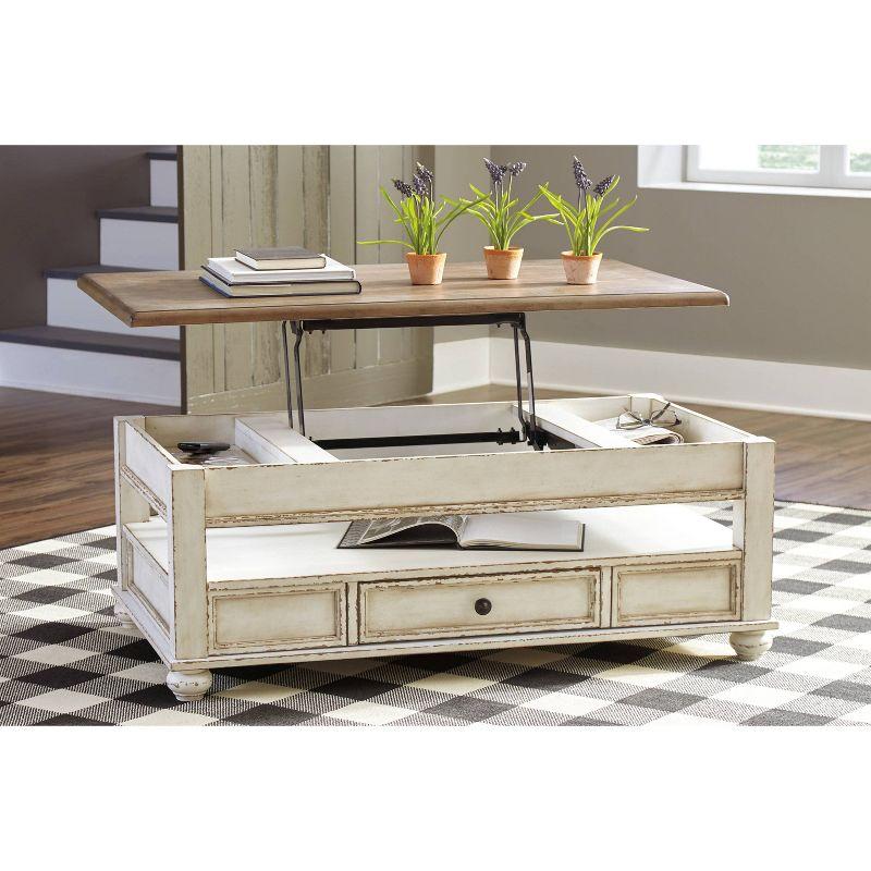 Realyn Coffee Table with Lift Top White/Brown - Signature Design by Ashley: Mid-Century Style, Storage, Wood Legs