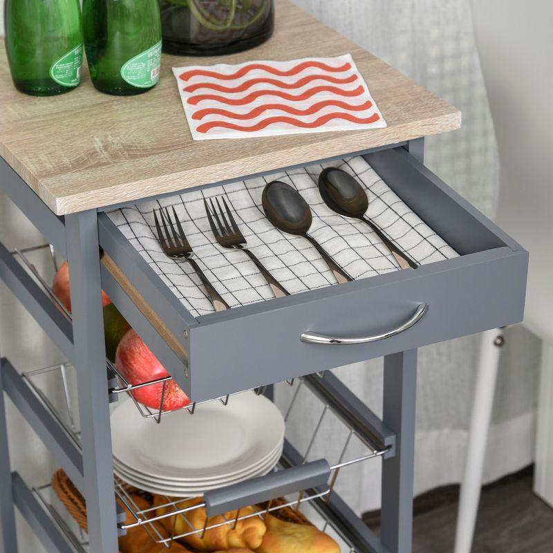 HOMCOM 32.25" Wooden Rolling Kitchen Storage Cart, Trolley Cart on 360° Swivel Wheels with Storage Drawer, Gray