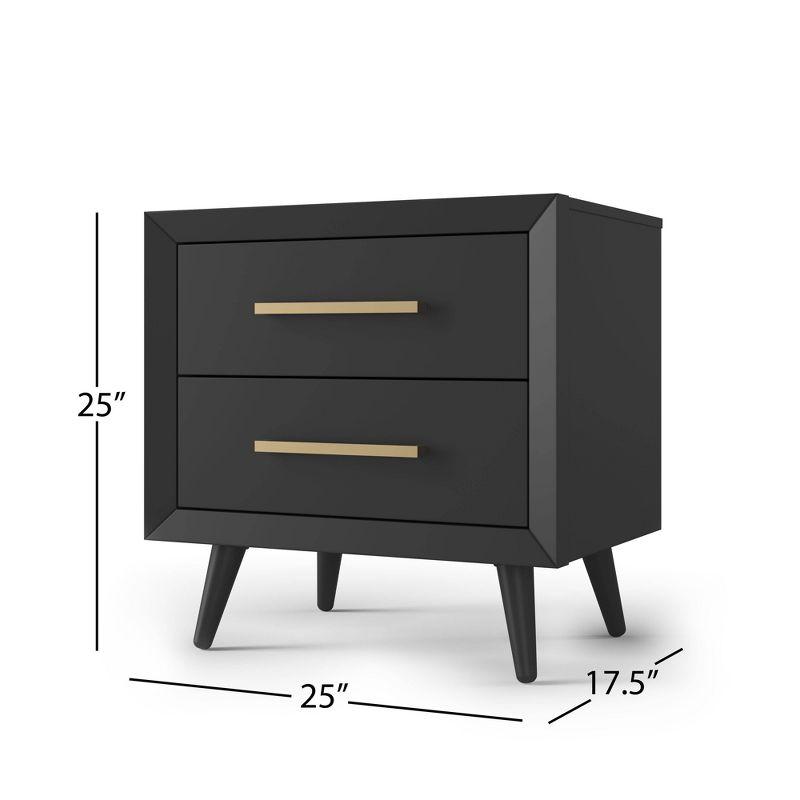 Ebony Pine Wood 2-Drawer Mid-Century Modern Nightstand