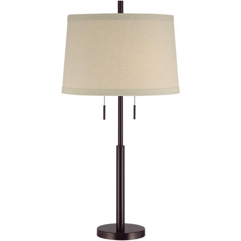 Dark Bronze Stick Buffet Table Lamp with Off-White Burlap Shade and USB