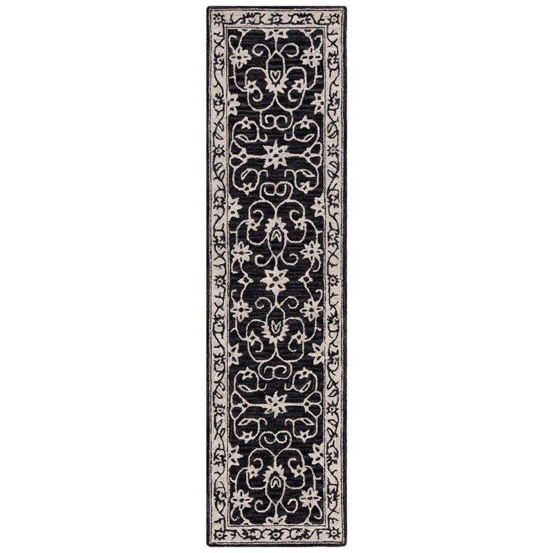 Handmade Black and Ivory Floral Wool Runner Rug