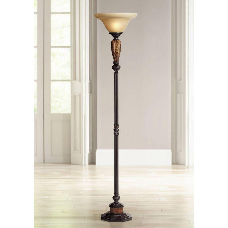 Kathy Ireland Sonnett Vintage Rustic Torchiere Floor Lamp 72" Tall Bronze Faux Marble Alabaster Glass Shade for Living Room Bedroom Office House Home