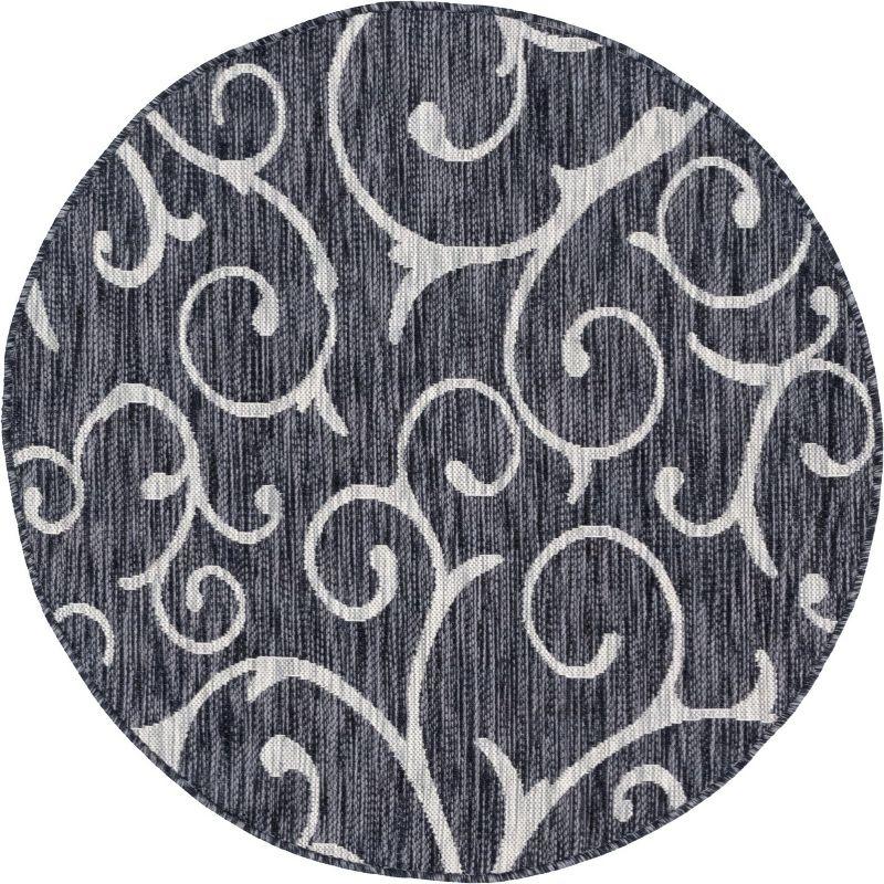 Unique Loom 4' 0 x 4' 0 Round Indoor/Outdoor Botanical Charcoal Gray Area Rug