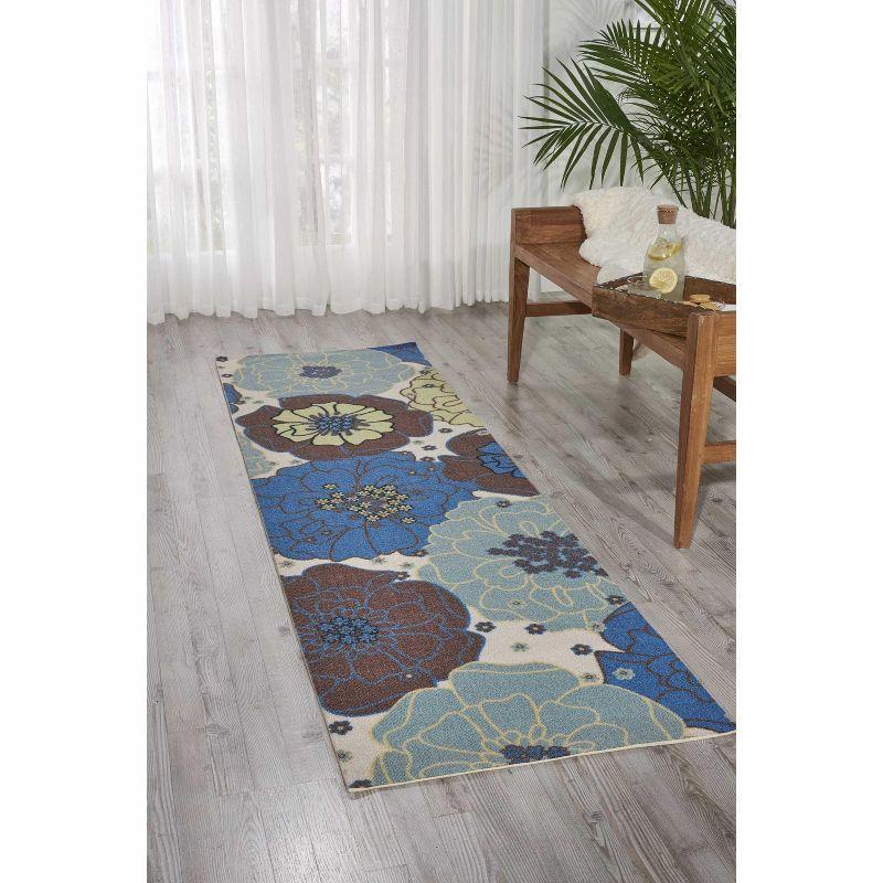 Light Blue Floral Synthetic Flat Woven Runner Rug