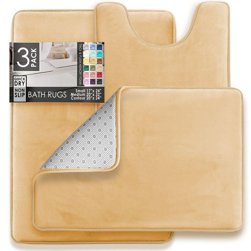 Hearth & Harbor 3 Piece Bathroom Rugs Bath Mat Set, Non-Slip Velvet Memory Foam Bath Mats, Beige Cream