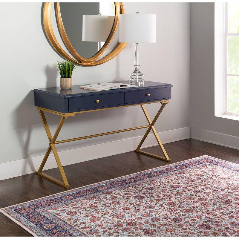 Campaign 2 Drawer Desk Blue/Gold - Linon: Matte Gold Legs, MDF, Metal Hardware