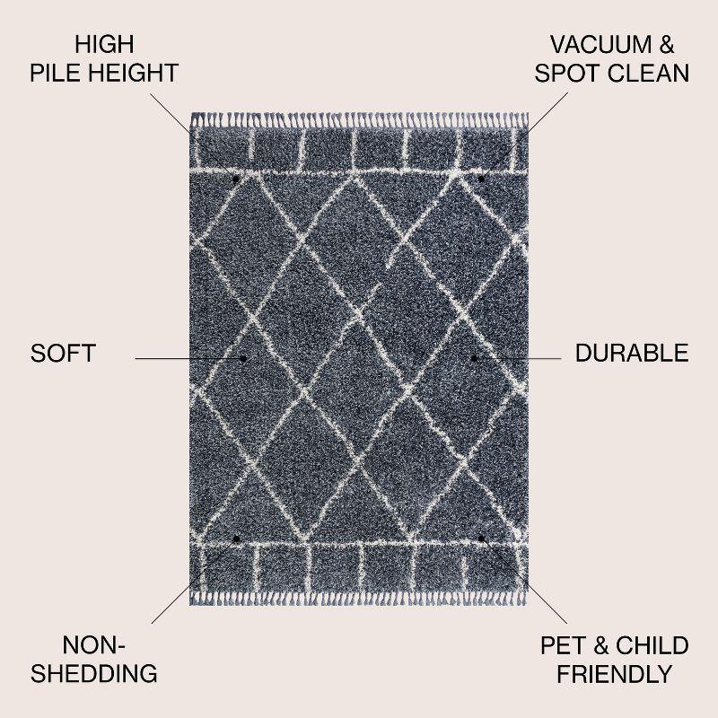 4'x6' Mercer Shag Plush Tassel Moroccan Geometric Trellis Area Rug, Denim/Cream - JONATHAN Y
