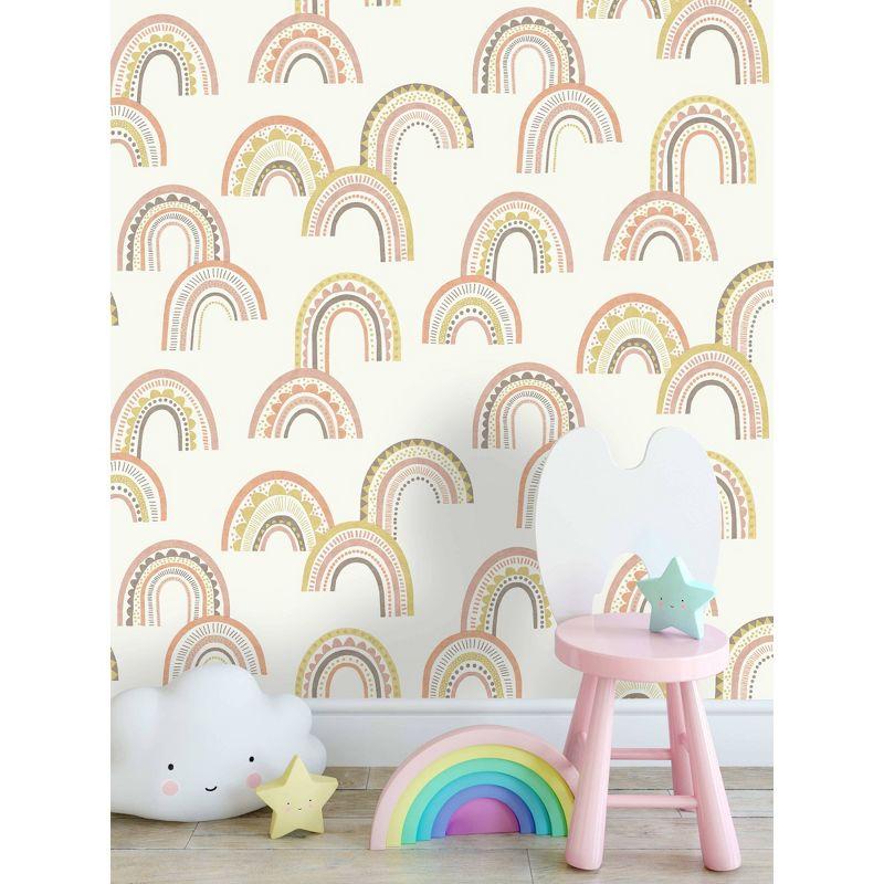 Holden Boho Rainbow Blush and Orange Wallpaper: Non-Pasted Paper, Bohemian Style, Kids' Decor, Smooth Matte Finish, 56 Sq Ft Coverage