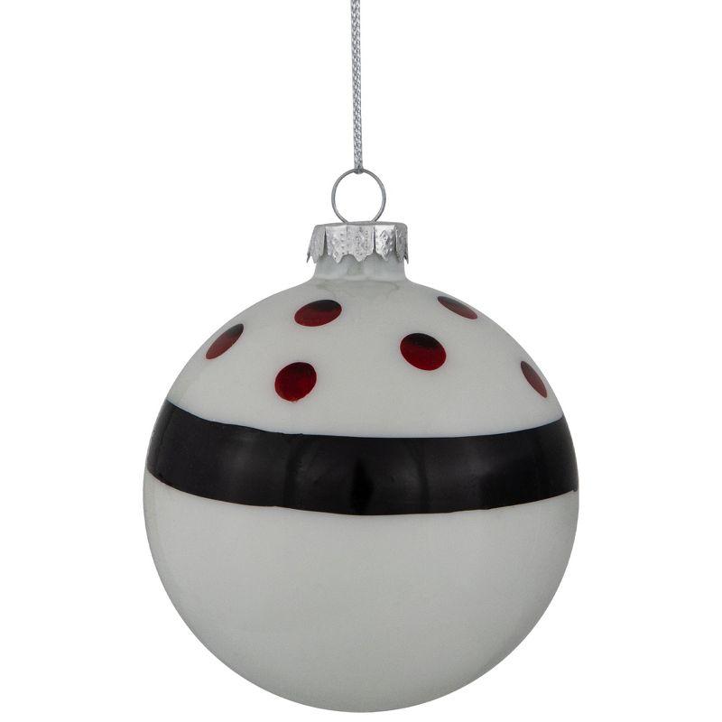 Set of 4 White and Black Striped Glass Christmas Ornaments with Gold Accents