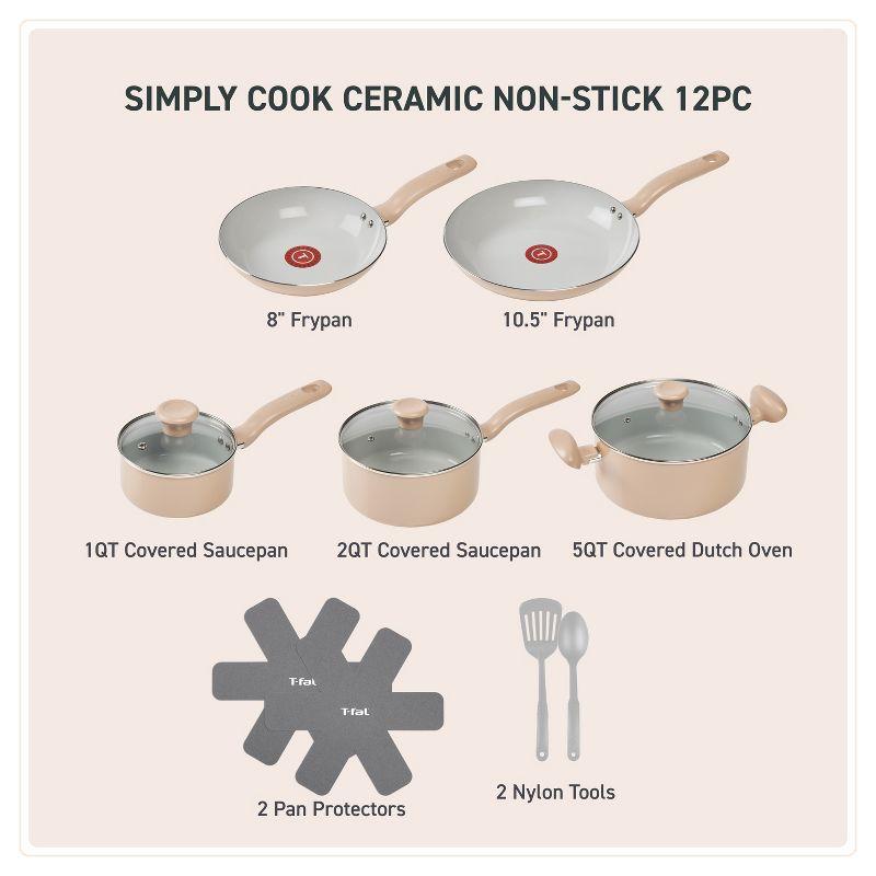 T-Fal 12pc Simply Cook Ceramic Cookware Set Beige: Nonstick Pots & Pans, Tempered Glass Lids, Ergonomic Handles