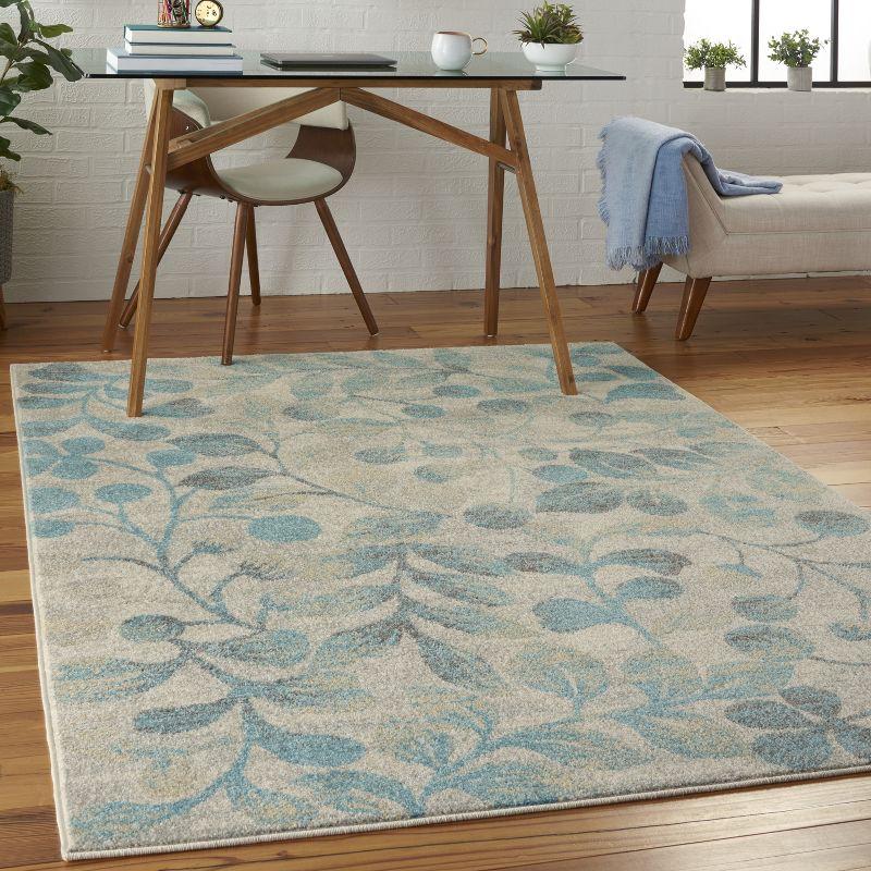 Nourison Tranquil 2' X 4' Ivory/Turquoise Area Rug Contemporary Botanical Vine and Bloom by Nourison