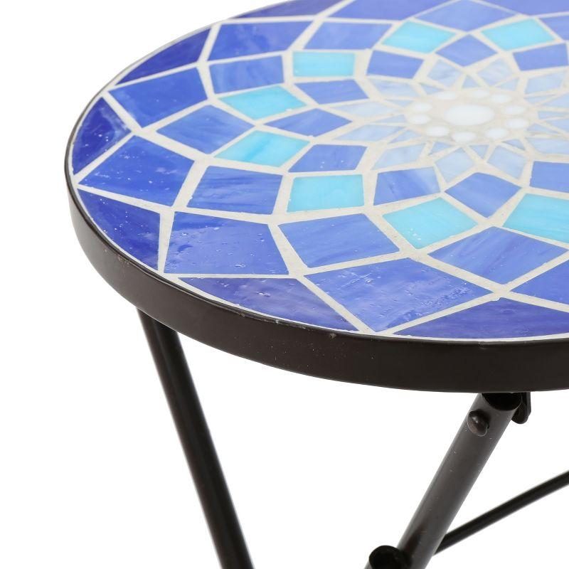 Fleur De Lis Living Folding Blue and White Top Side Table with Iron Frame, Multifunctional Plant or Beverage Stand