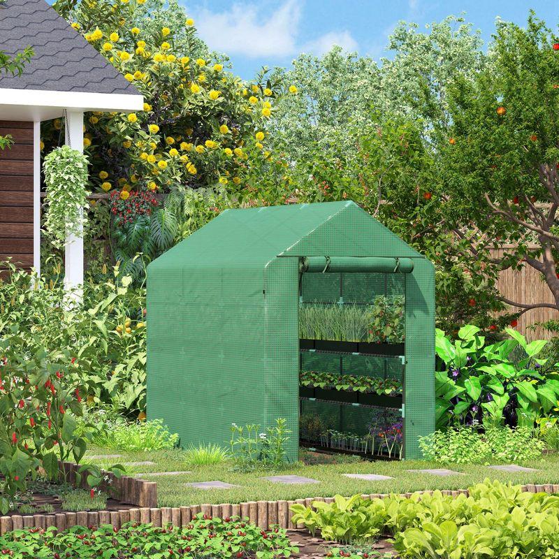 Outsunny 84.25" x 56.25" x 76.75" Walk-in Greenhouse, 2-Tier Shelves, Steel Frame Hot house, Roll-Up Zipper Door for Flowers, Vegetables, Green