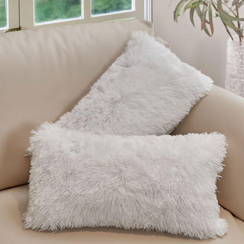 Cheer Collection Super Soft Shaggy Long Hair Throw Pillows Set of 2 - White (12" x 20")