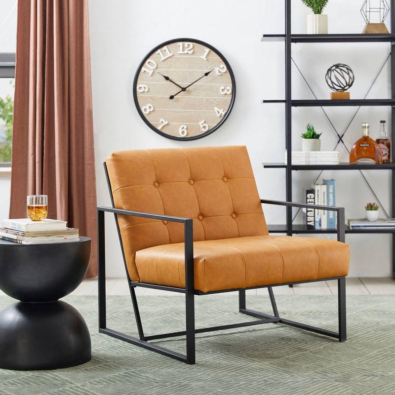 Mid-Century Modern Leatherette Button Tufted Arm Accent Chair Camel - Glitzhome: Chrome-Plated Metal Frame, Polyurethane Upholstery