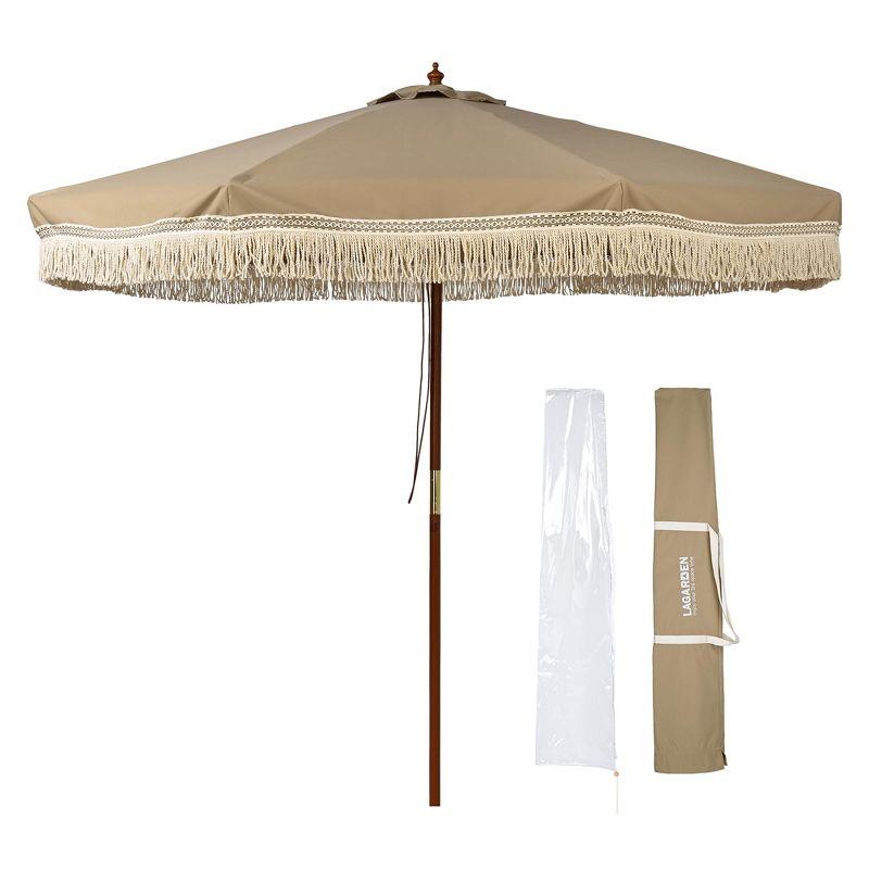 LAGarden BOHO 9' Fringe Patio Umbrella with Tassels UPF50+ Boho Style 5-Year-Non-Fading for Outdoor Yard Market Mocha Meander brown