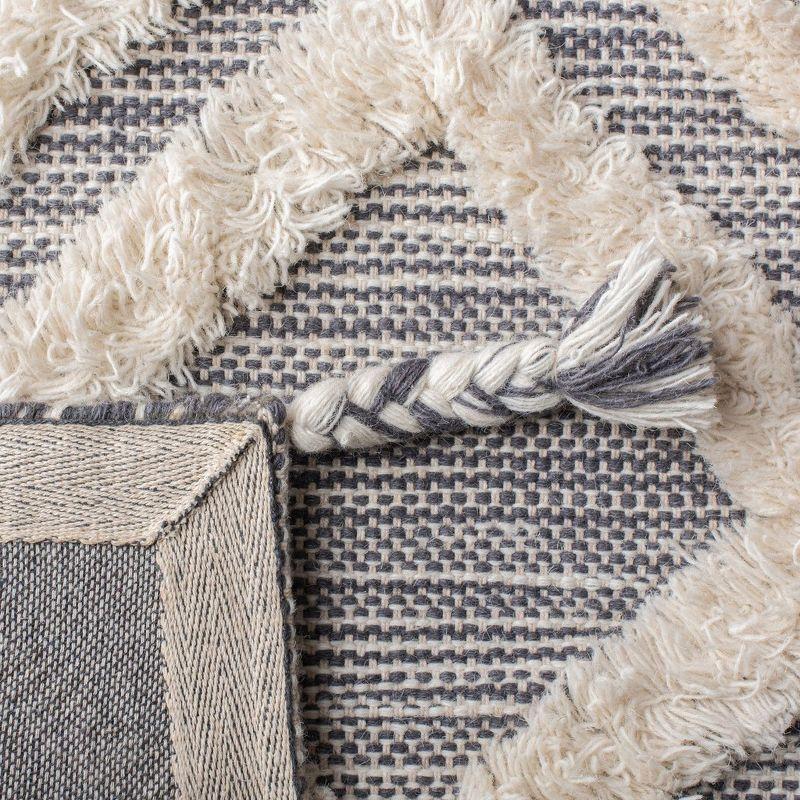 Ivory and Gray Hand-Knotted Wool Geometric Rug with Fringe