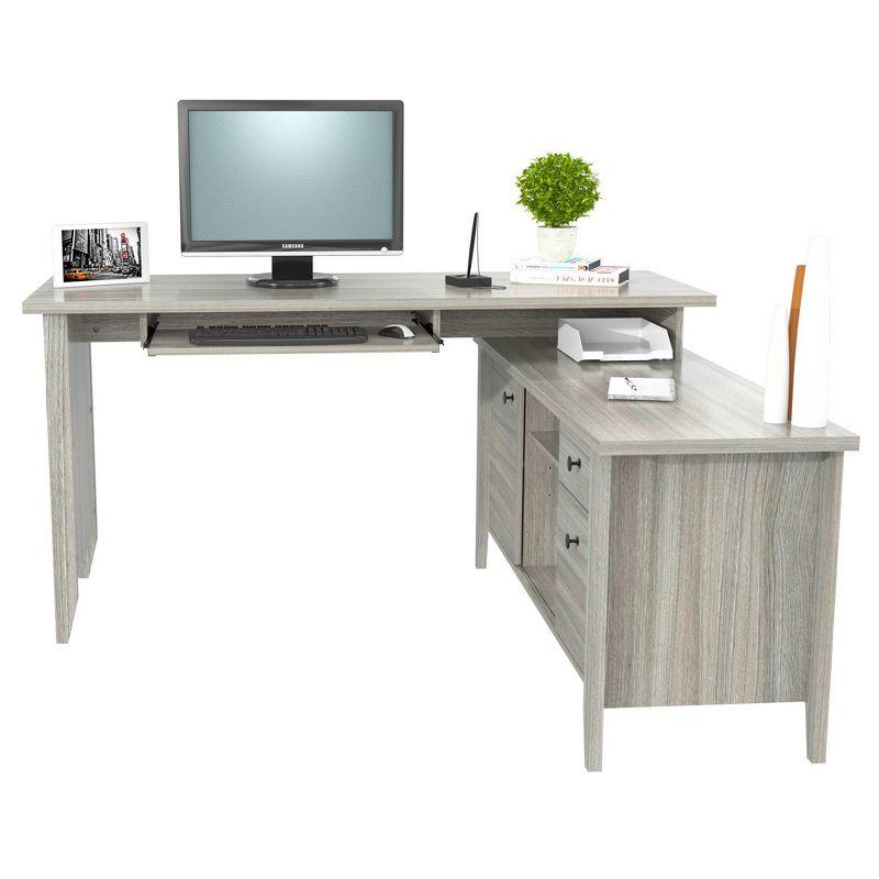 Espresso Oak L-Shaped Corner Desk with Keyboard Tray and Filing Cabinet