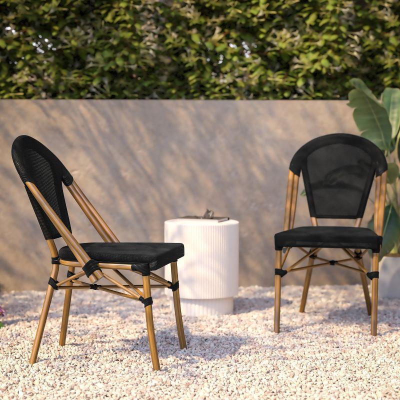 Flash Furniture Marseille Set of 2 Indoor/Outdoor Commercial Bistro Stacking Chairs, Textilene Backs and Seats, Bamboo Print Aluminum Frames