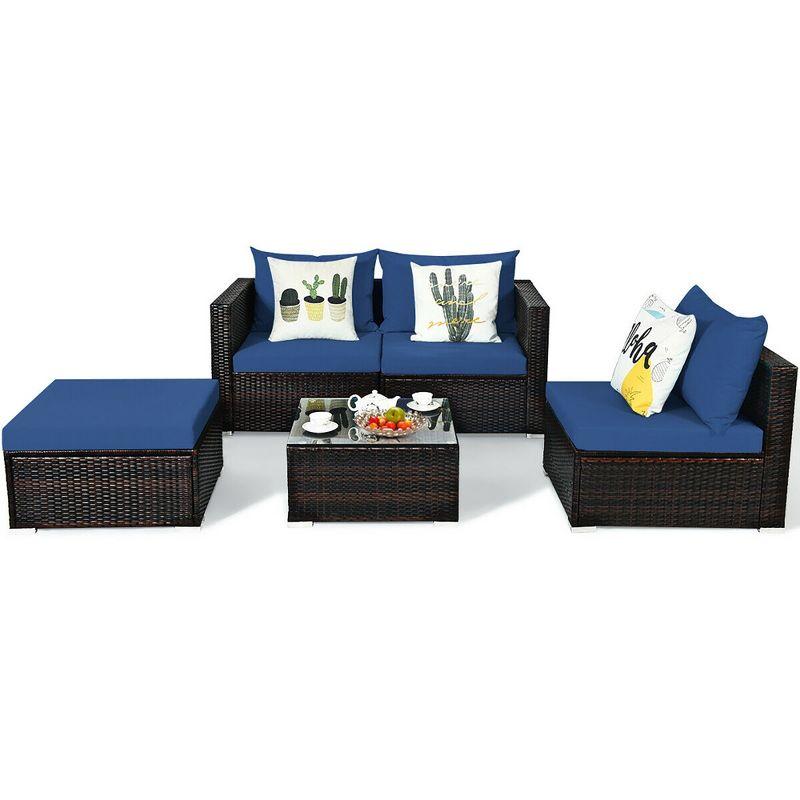 5PCS Patio Rattan Furniture Set Sectional Conversation Sofa w/ Coffee Table Red\ Navy