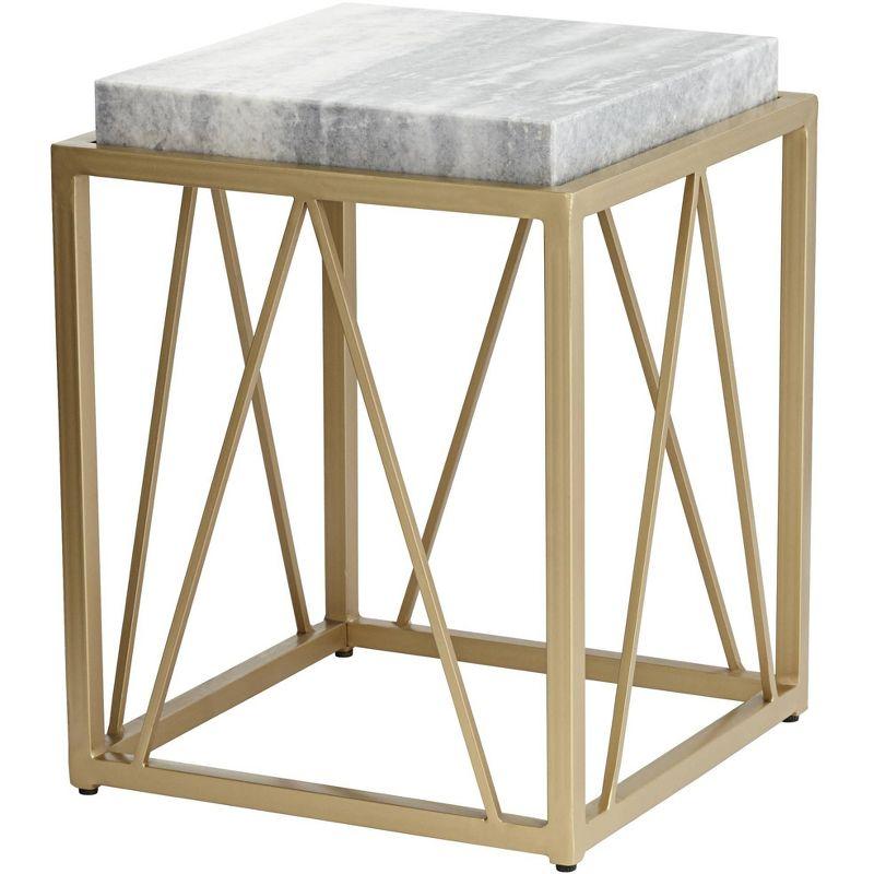 Coast to Coast Accents Modern Gold Powder-Coated Square Accent Table 15 1/2" White Gray Marble Tabletop Open Cage for Living Room