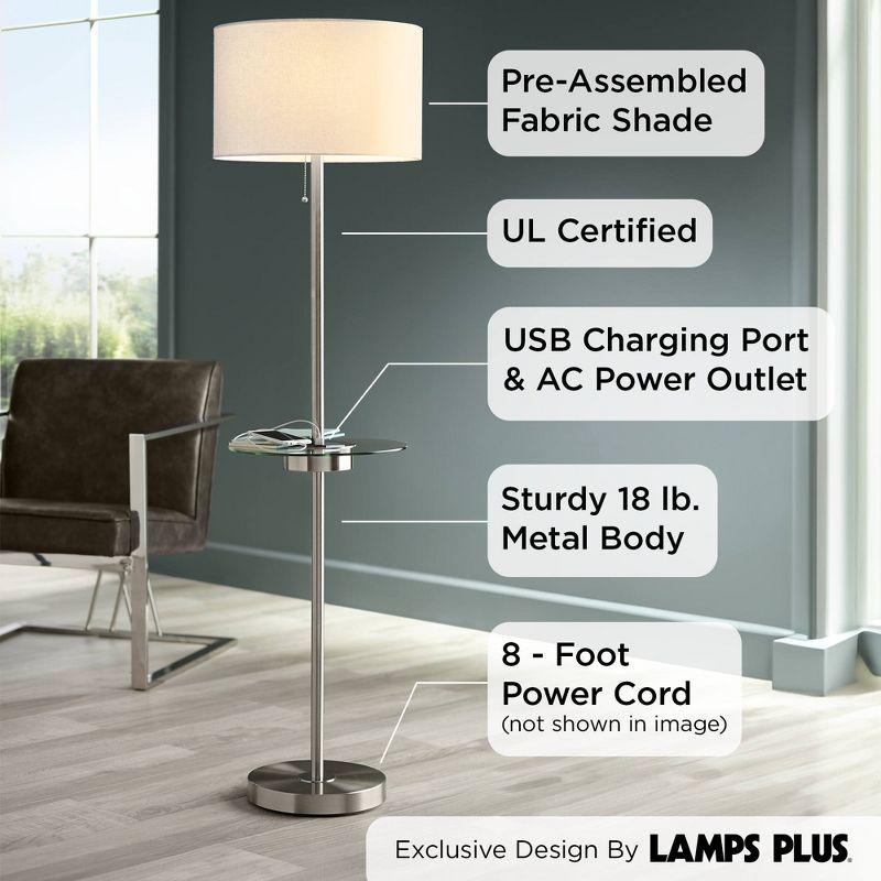 360 Lighting Caper Modern Floor Lamp with Tray Table 60 1/2" Tall Brushed Nickel USB and AC Power Outlet Off White Fabric Drum Shade for Living Room